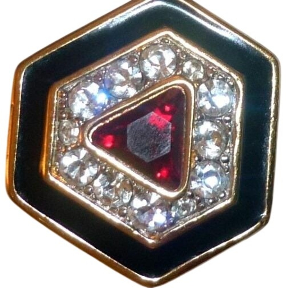 Vintage 1980s SAL Swarovski Gold-Tone Black Enamel & Ruby Glass Clip Earrings